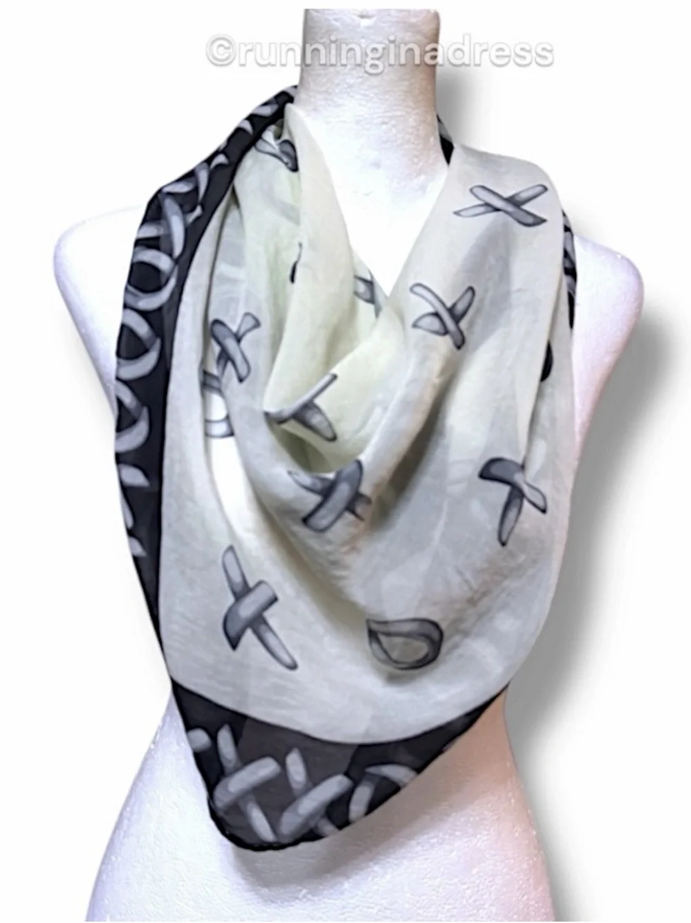 Vintage Paloma Picasso XOXO Silk Scarf Black Beige Hugs & Kisses Italy